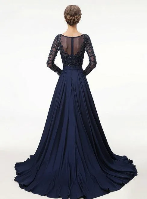 A-line Scoop-Neck Sweep Train Chiffon Long Prom Dresses With Beading HX0080