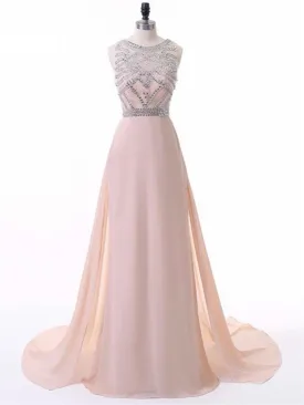 A-line Scoop-Neck Sweep Train Chiffon Pink Prom Dresses With Rhine Stones HX0083