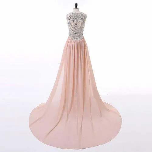 A-line Scoop-Neck Sweep Train Chiffon Pink Prom Dresses With Rhine Stones HX0083