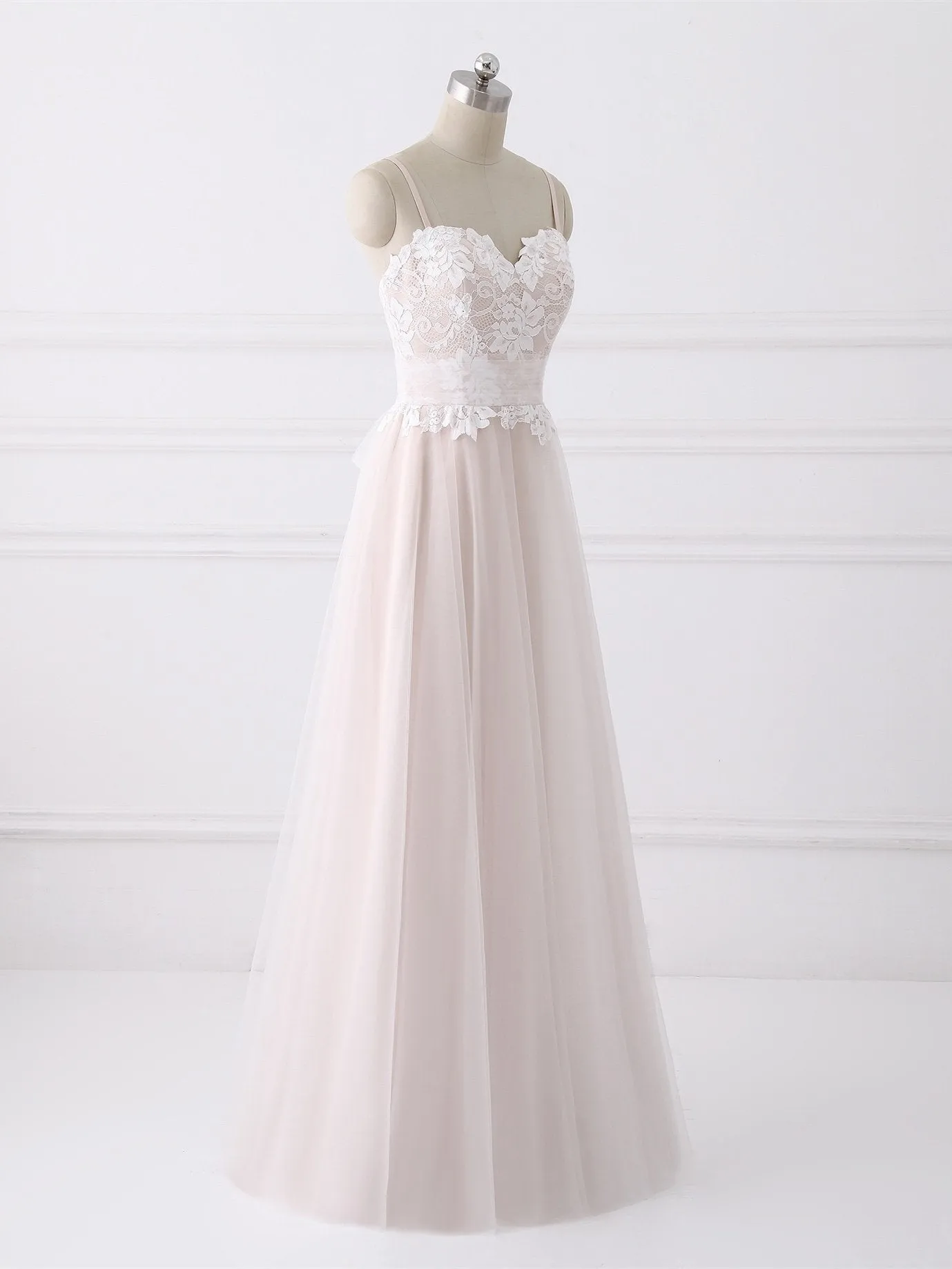 A-line Spaghetti Strap Floor-Length Tulle Lace Wedding Dresses  SWD034