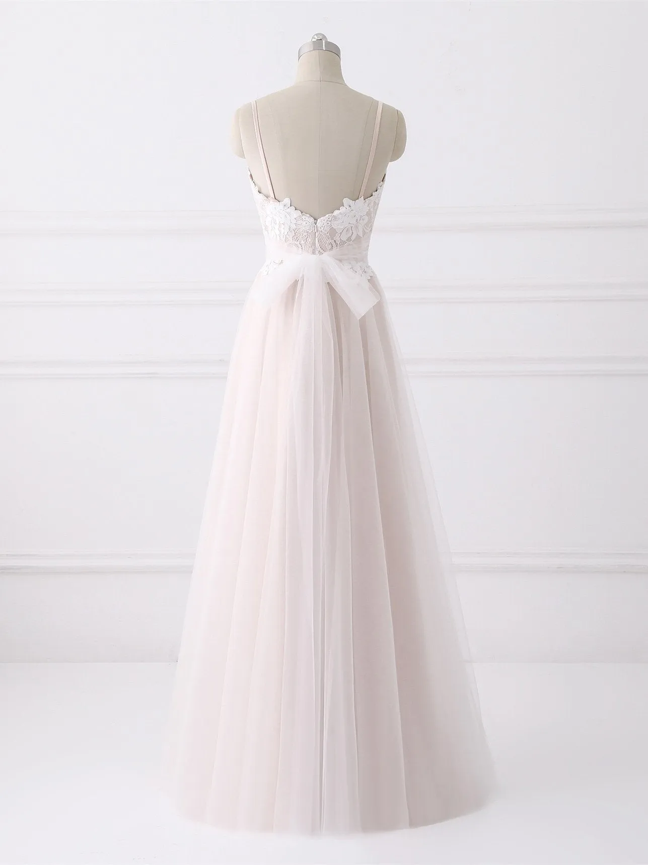 A-line Spaghetti Strap Floor-Length Tulle Lace Wedding Dresses  SWD034