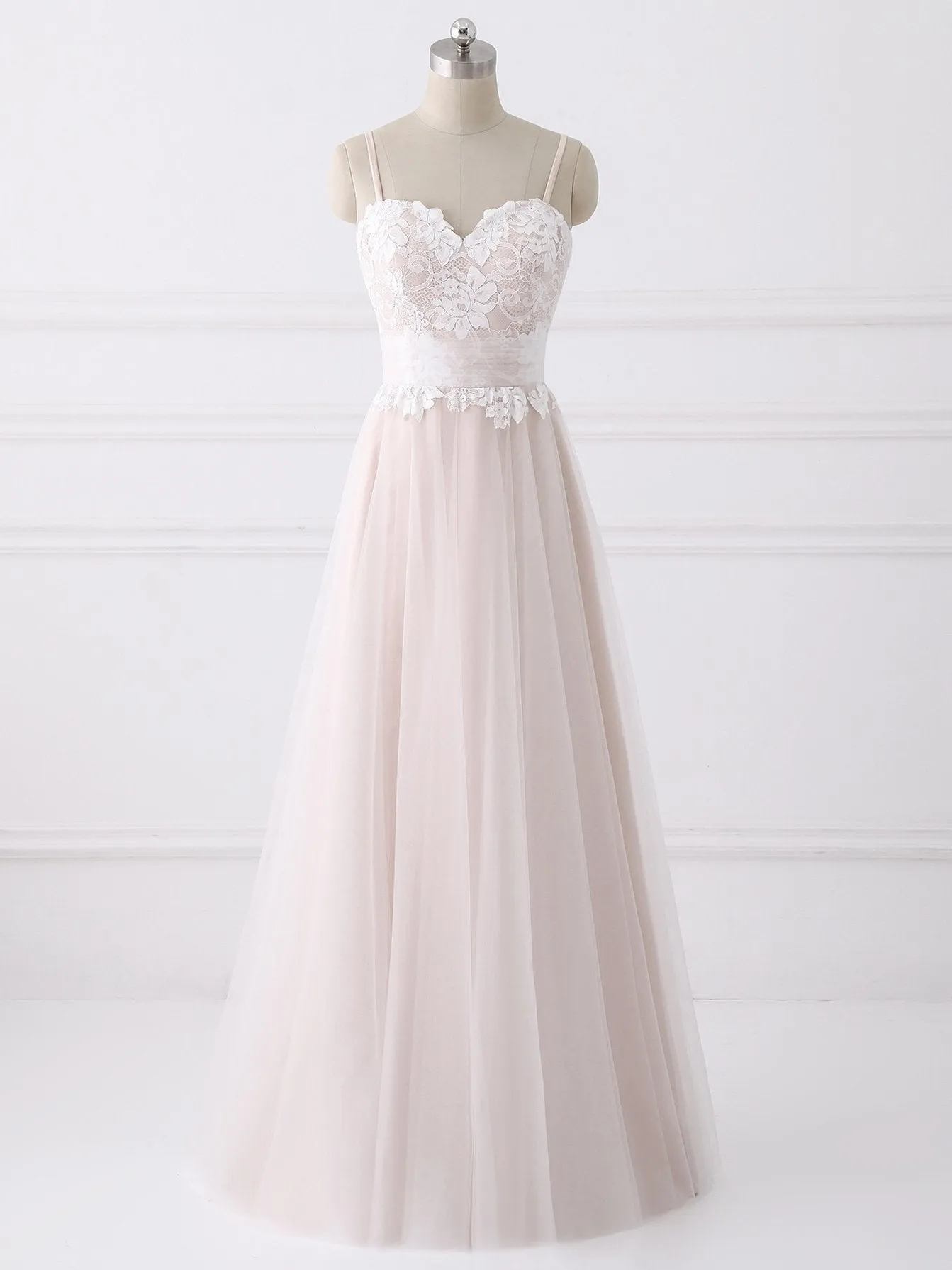 A-line Spaghetti Strap Floor-Length Tulle Lace Wedding Dresses  SWD034