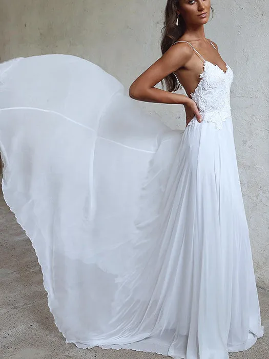 A-line Spaghetti Strap Sweep Train Chiffon Appliqued  Wedding Dresses ABC0003