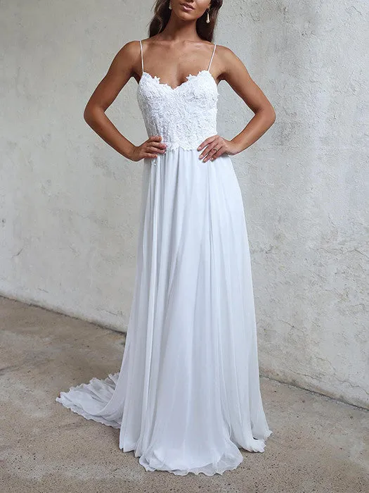 A-line Spaghetti Strap Sweep Train Chiffon Appliqued  Wedding Dresses ABC0003