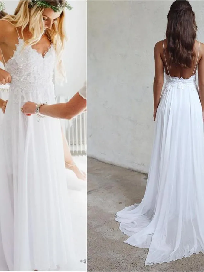 A-line Spaghetti Strap Sweep Train Chiffon Appliqued  Wedding Dresses ABC0003