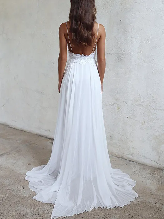 A-line Spaghetti Strap Sweep Train Chiffon Appliqued  Wedding Dresses ABC0003