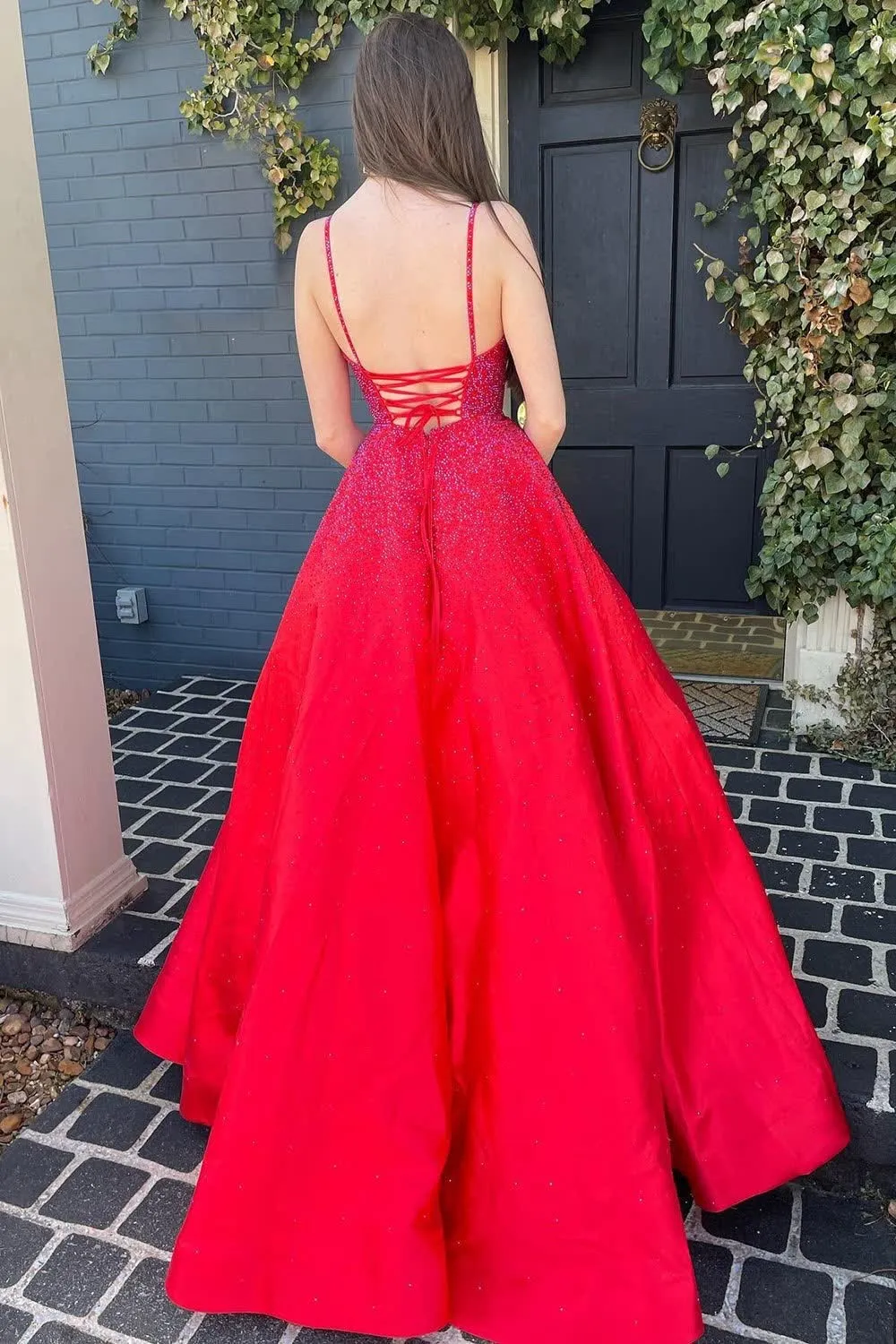 A Line Spaghetti Straps Red Long Prom Dress with Beading