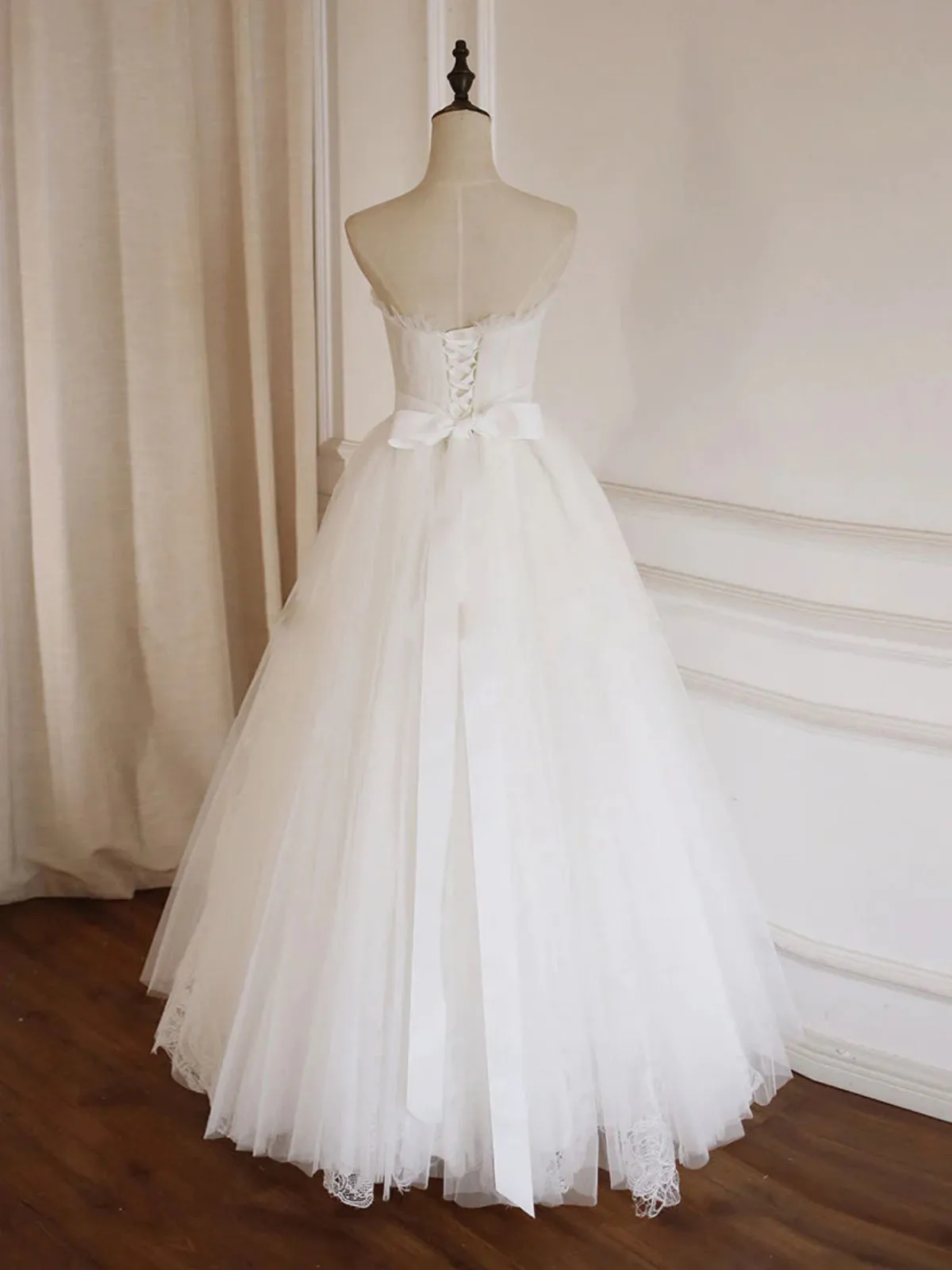 A Line Strapless White Tulle Long Prom Dresses, Long White Formal Graduation Evening Dresses SP2791