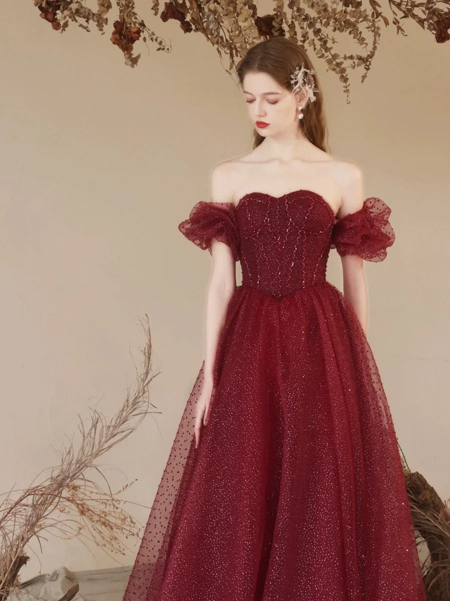 A-Line Sweetheart Neck Tulle Sequin Burgundy Long Prom Dress with Beads