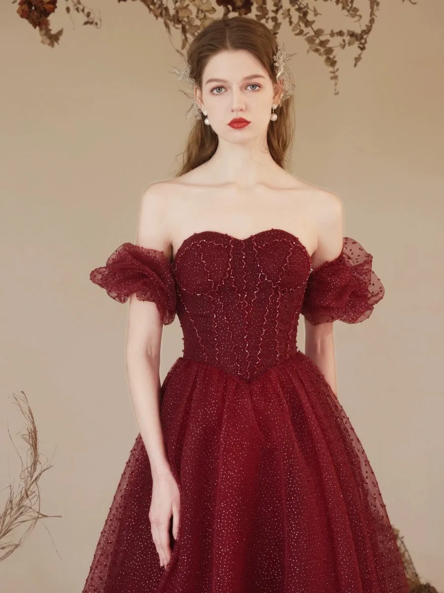 A-Line Sweetheart Neck Tulle Sequin Burgundy Long Prom Dress with Beads