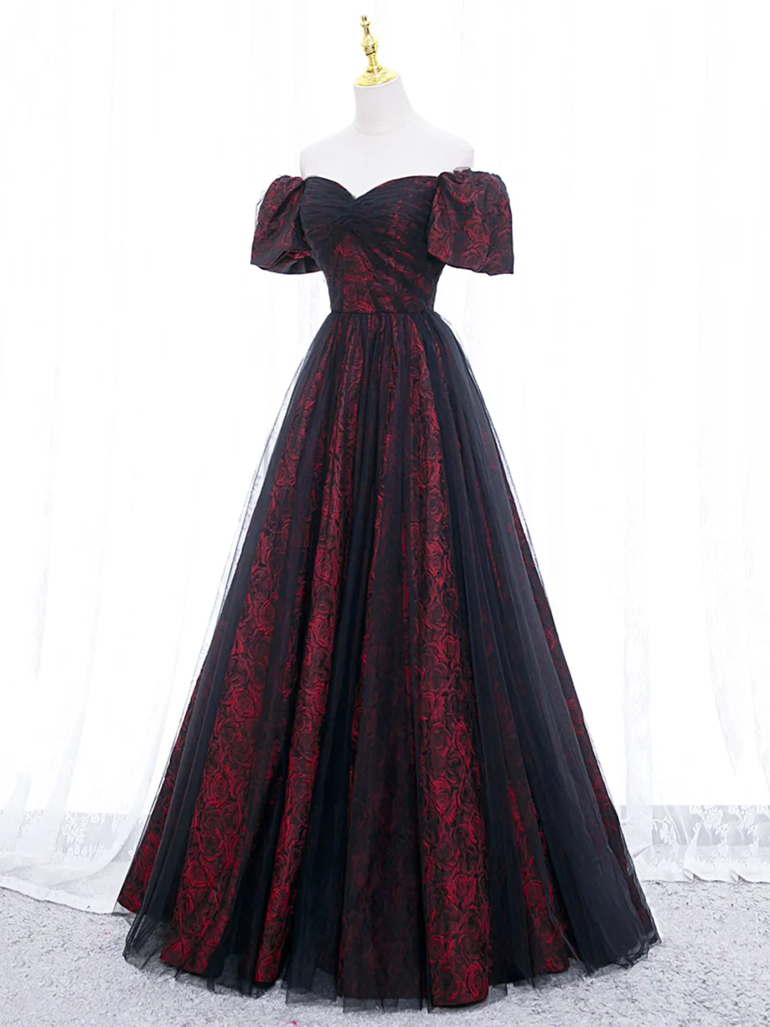 A-Line Tulle Lace Black/burgundy Long Prom Dress, Black/Burgundy Long Formal Dress