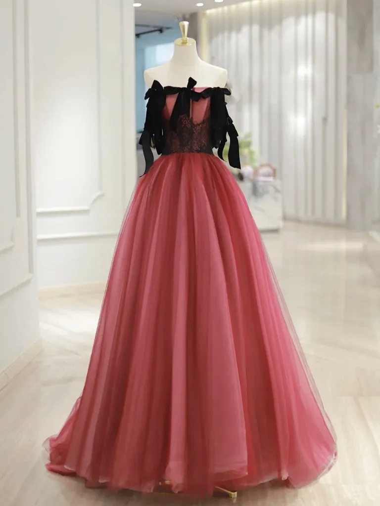 A-Line Tulle Watermelon Red Long Prom Dress, Watermelon Red Tulle Long Formal Dress