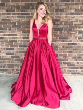 A-line V-Neck Chapel Train Satin Beaded Prom Dresses 2853