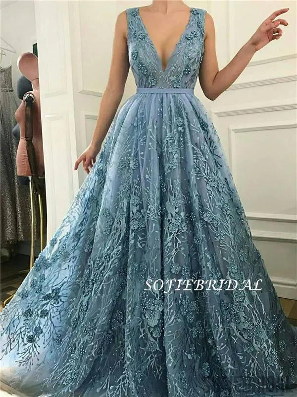 A-line V-neck Sleeveless Appliques And Beading Long Prom Dresses, PD1020