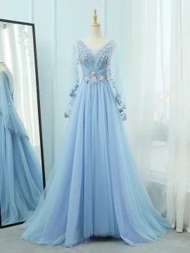 A-Line V Neck  Tulle Lace Blue Long Prom Dresses, Blue Formal Evening Dress