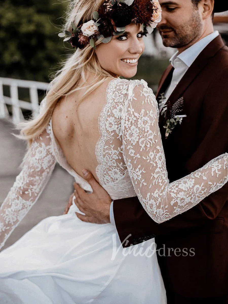 Affordable Long Sleeve Boho Wedding Dresses with Lace Bodice VW1217