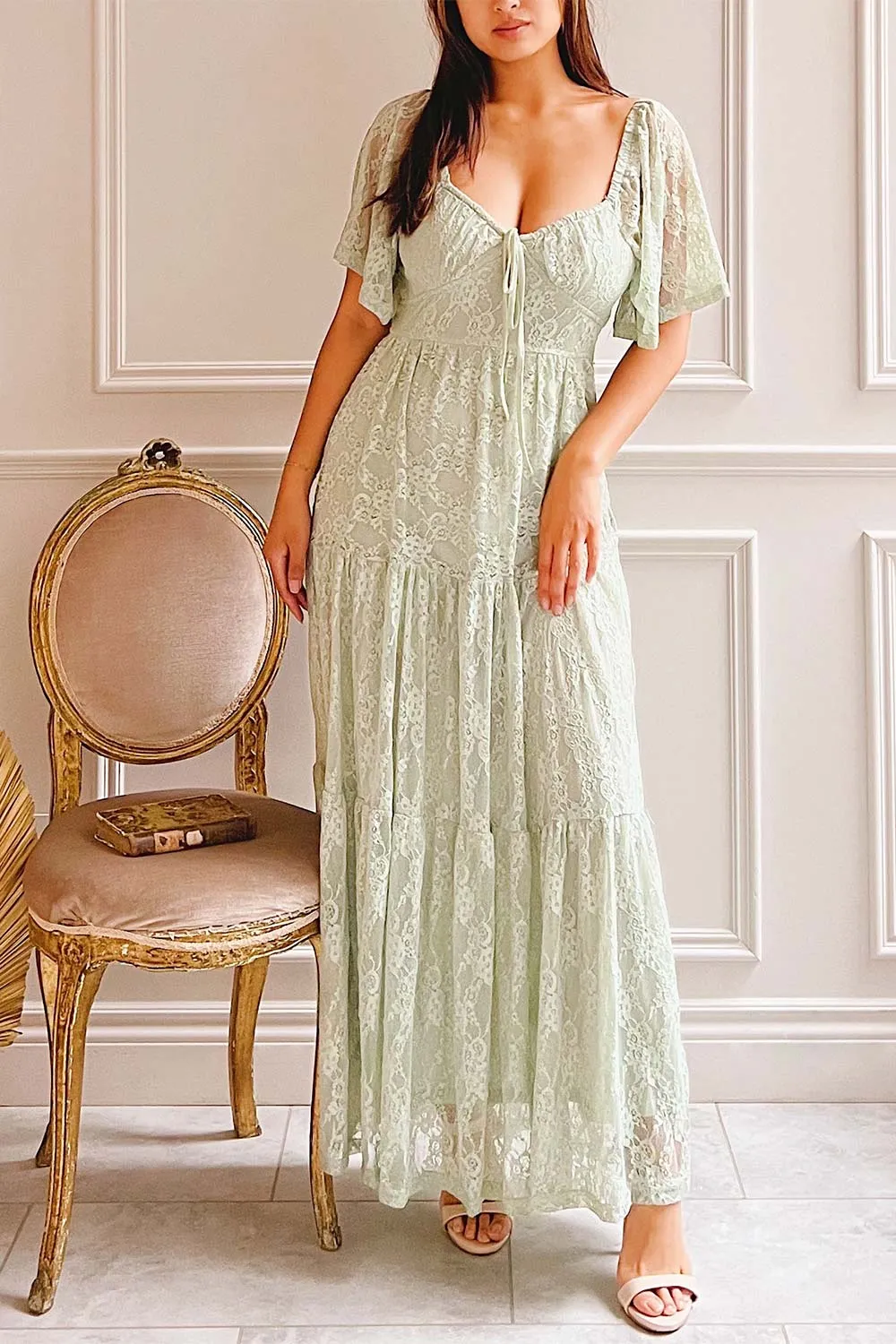 Amarys Sage: Elegant Tiered Lace Maxi Dress