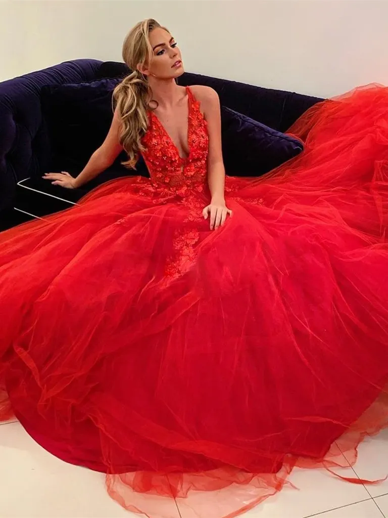 Amazing A-line Prom Dresses Tulle Evening Gowns With Appliques PD491