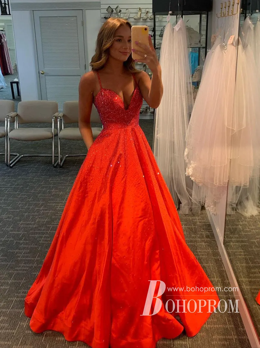 Amazing Rhinestone Spaghetti Straps Prom Dress Satin A-line Evening Dress PD777