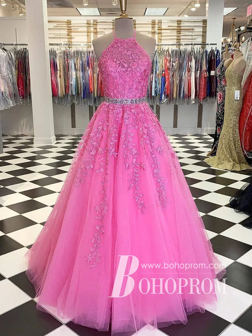 Amazing Tulle Halter A-line Ball Gown Prom Dresses With Appliques & Beadings PD680