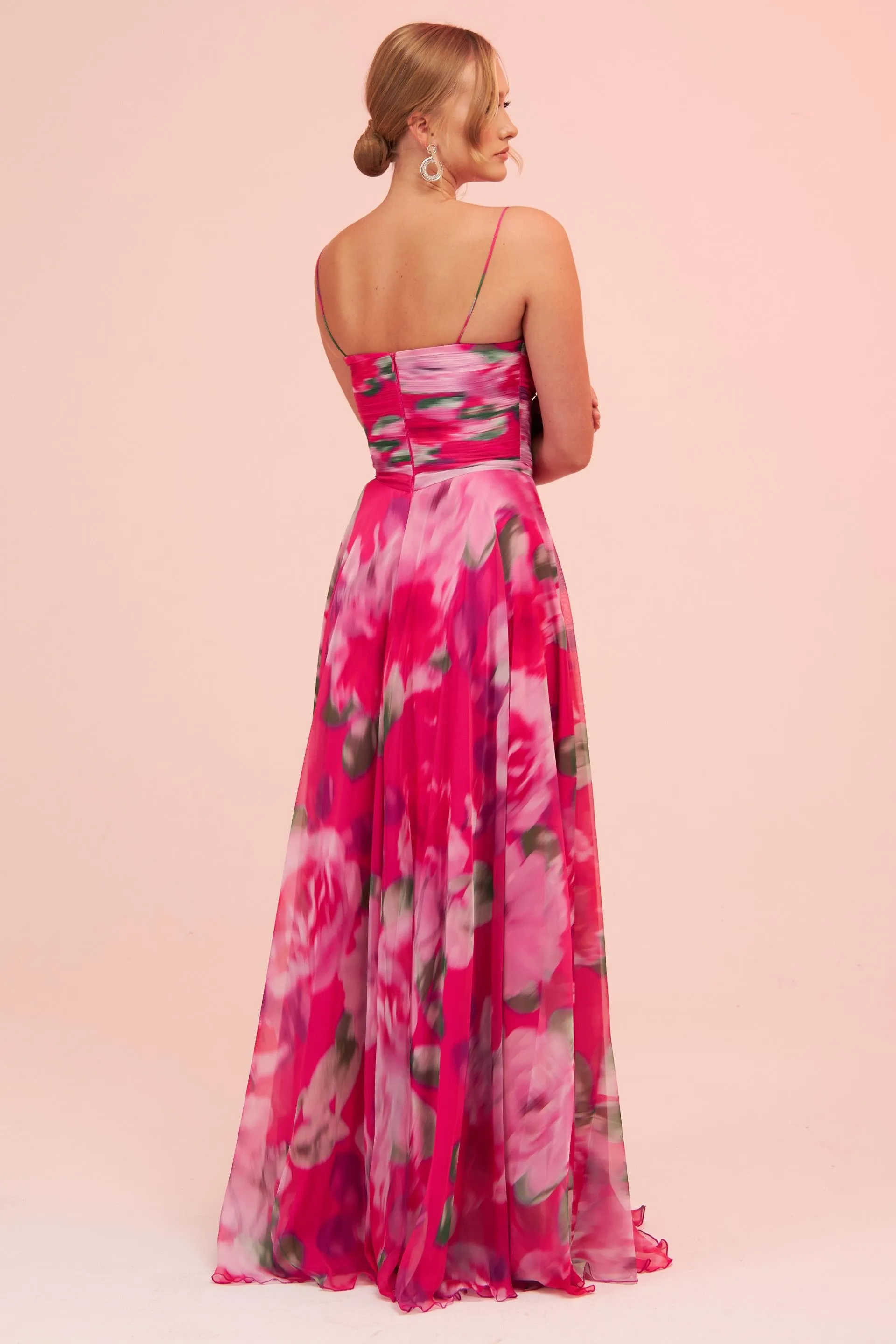 Angelino Fuchsia Strap Slit Printed Evening Dress