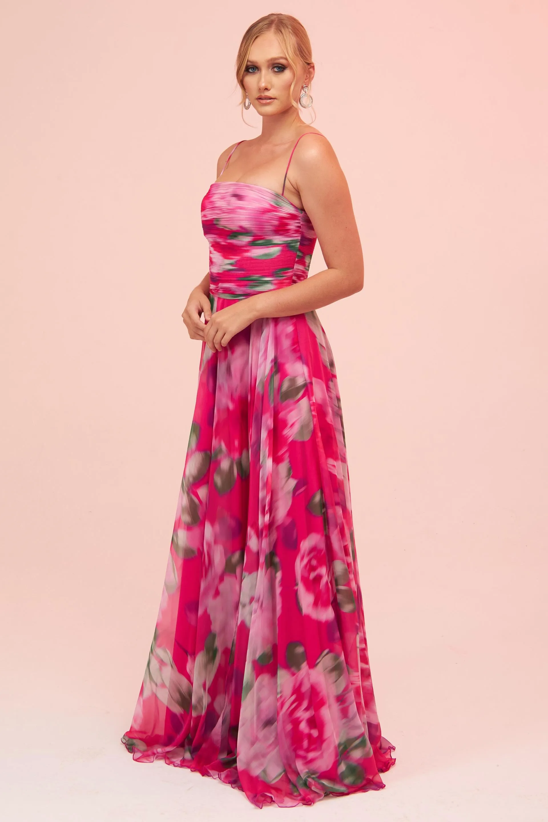 Angelino Fuchsia Strap Slit Printed Evening Dress