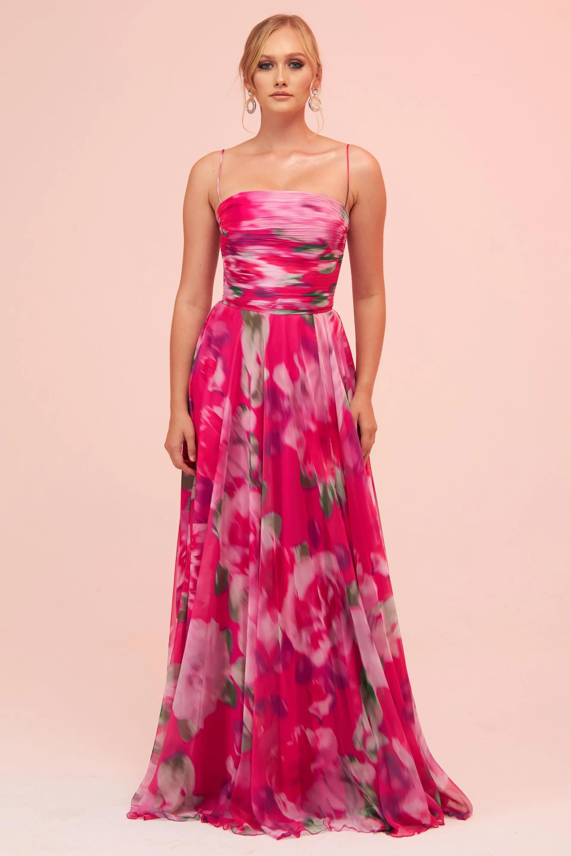 Angelino Fuchsia Strap Slit Printed Evening Dress