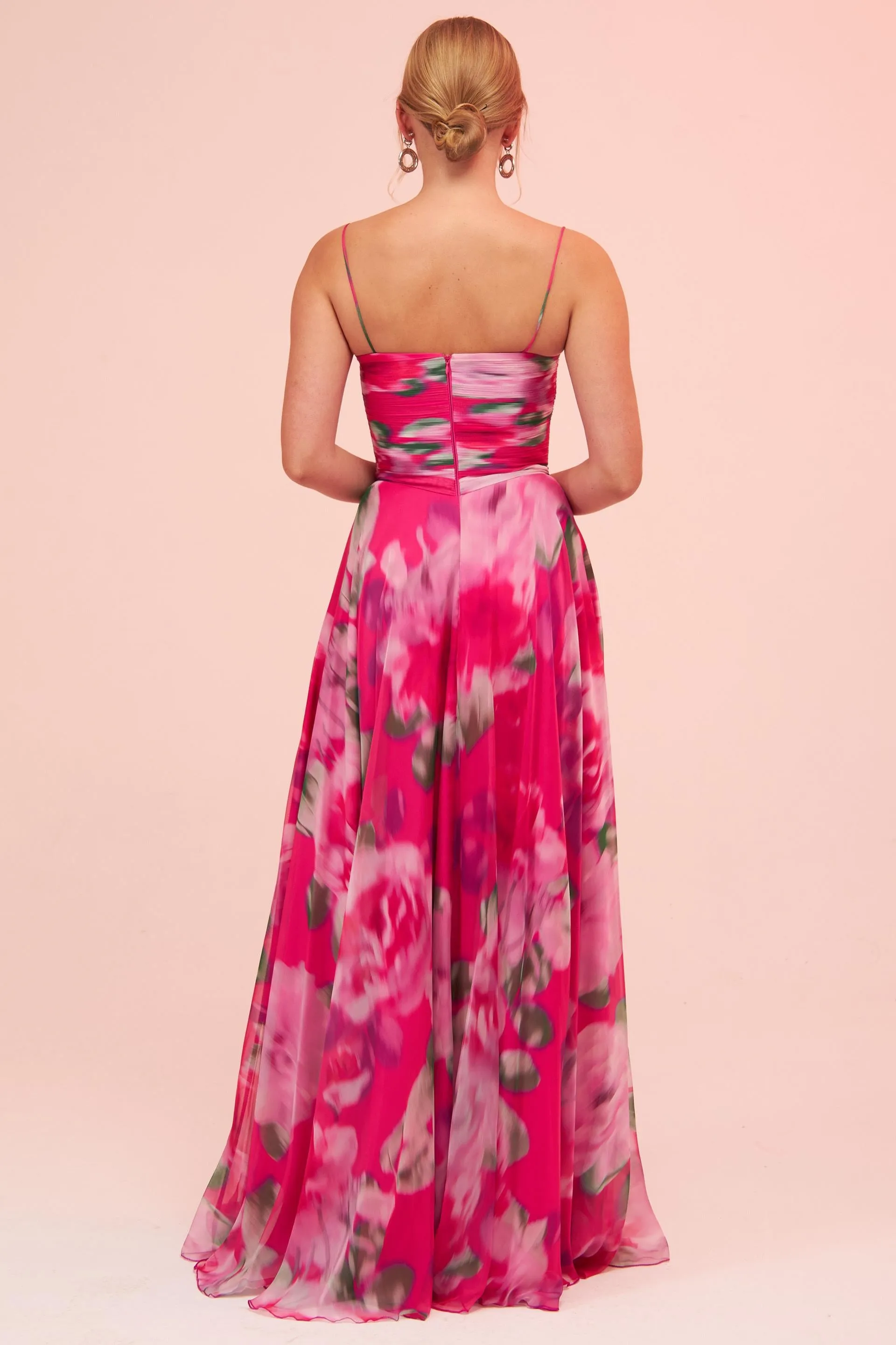 Angelino Fuchsia Strap Slit Printed Evening Dress