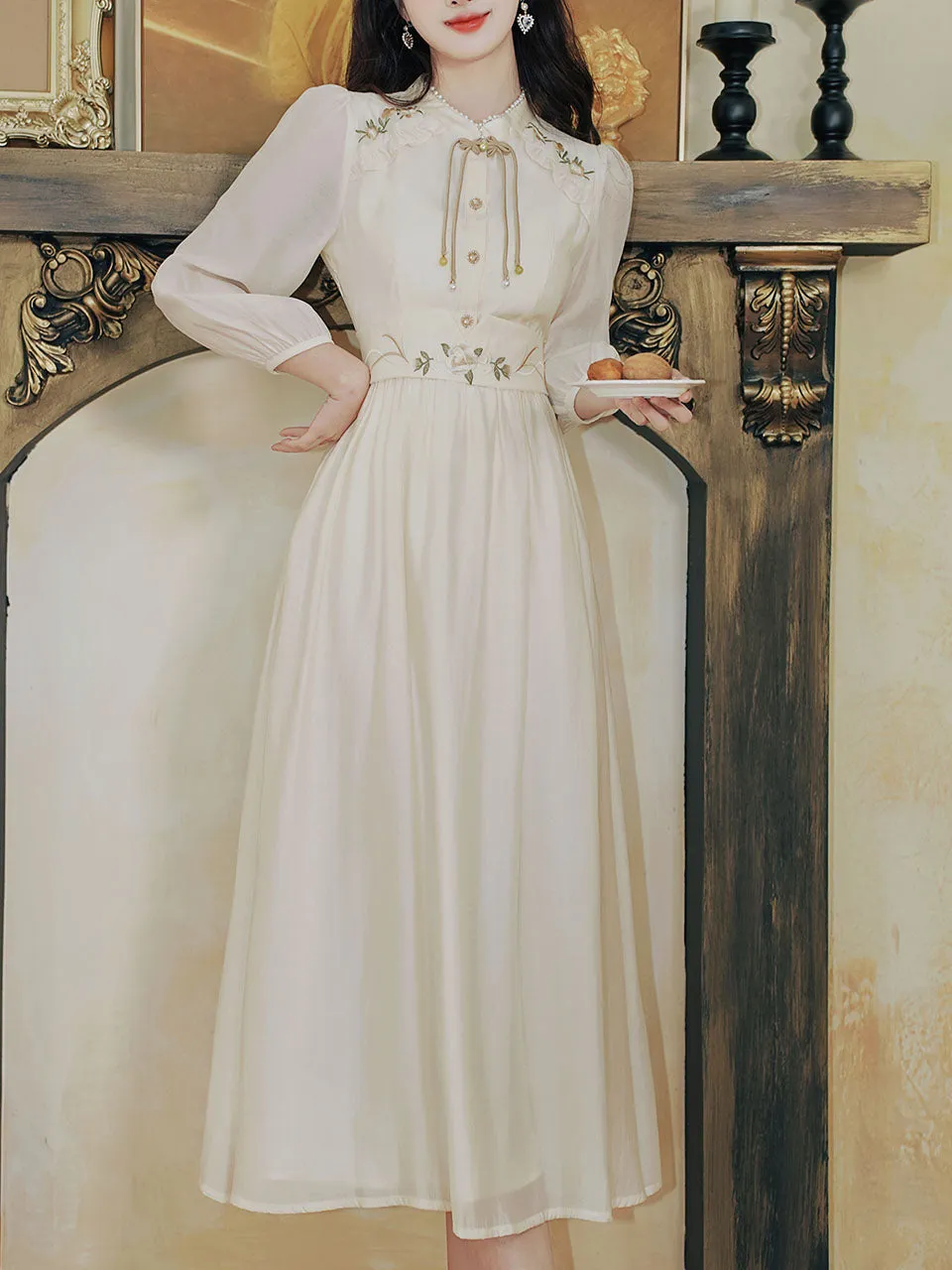 Apricot Embroidered Long Sleeve Vintage Dress with Belt