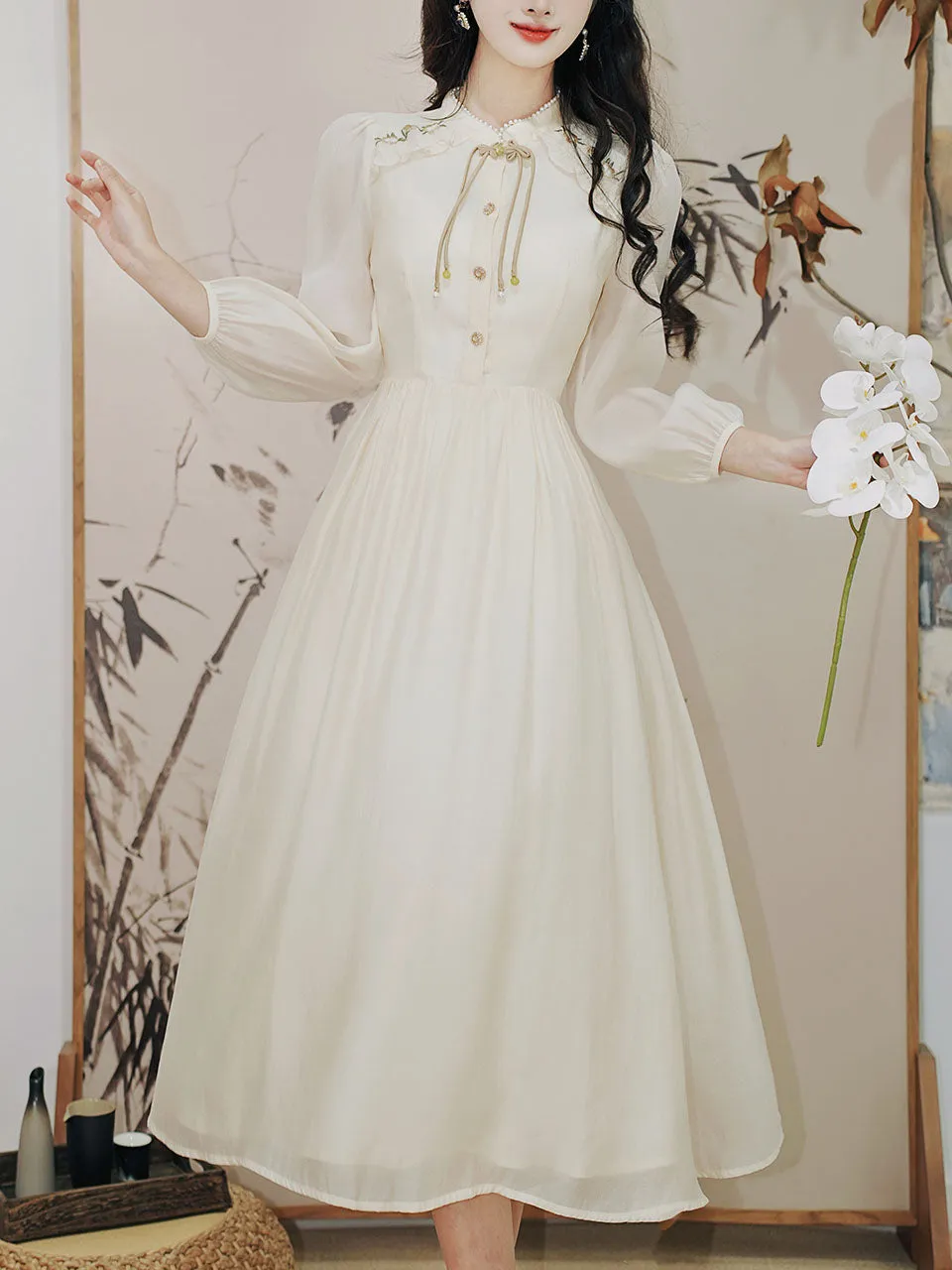 Apricot Embroidered Long Sleeve Vintage Dress with Belt