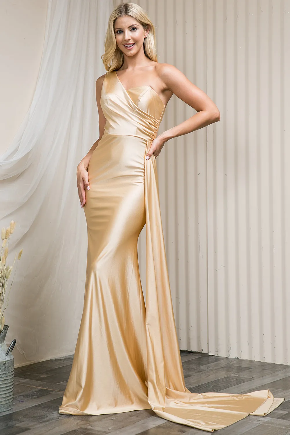 AURORA One Shoulder Formal Maxi Evening Dress with Side Train - Champagne Gold