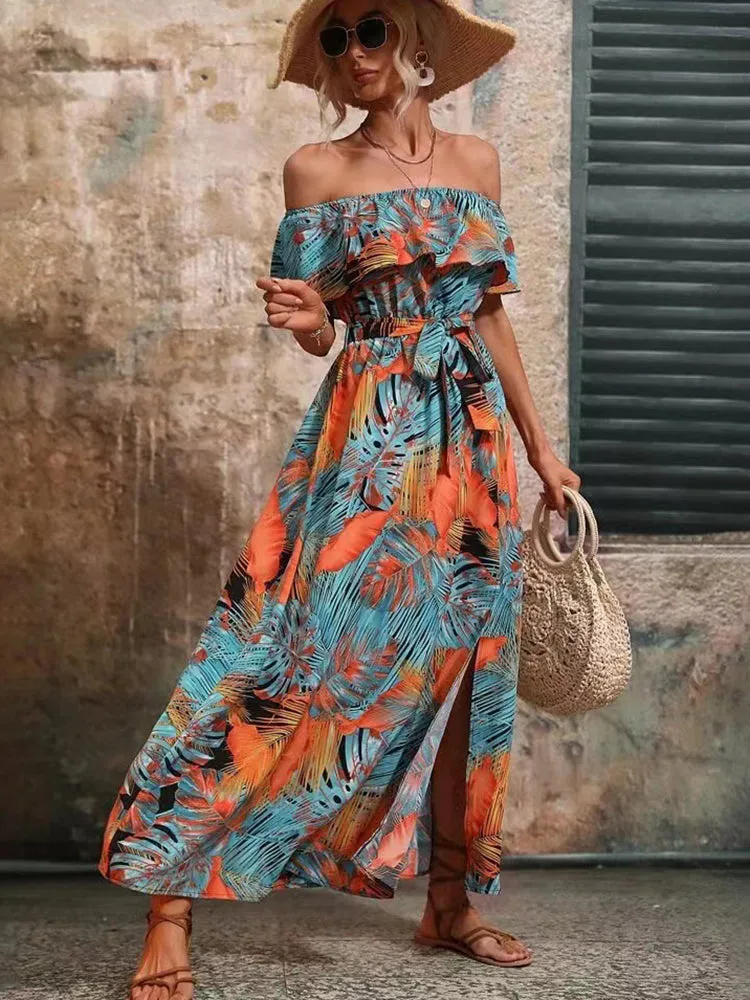 Backless Off Shoulder Slit Boho Maxi Dress