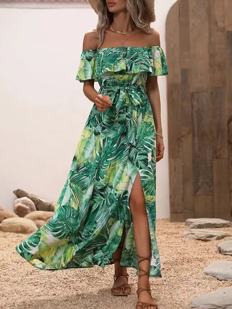 Backless Off Shoulder Slit Boho Maxi Dress