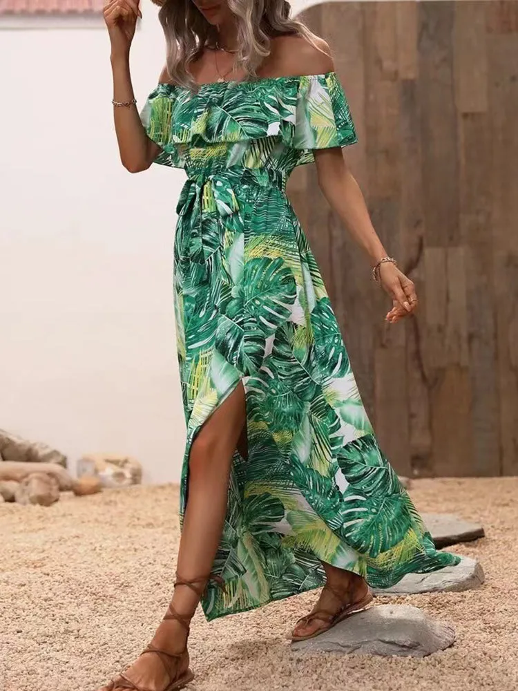 Backless Off Shoulder Slit Boho Maxi Dress