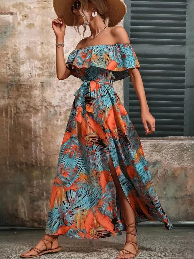 Backless Off Shoulder Slit Boho Maxi Dress