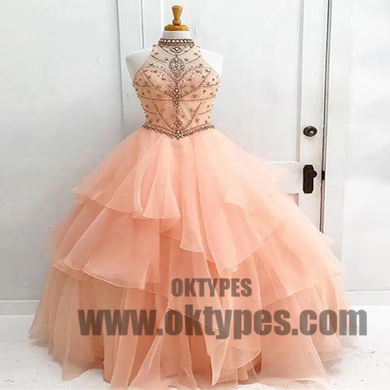 Ball Gown High Neck Floor-length Sleeveless Tulle Prom Dress/Evening Dress, Beading Prom Dresses, TYP0434