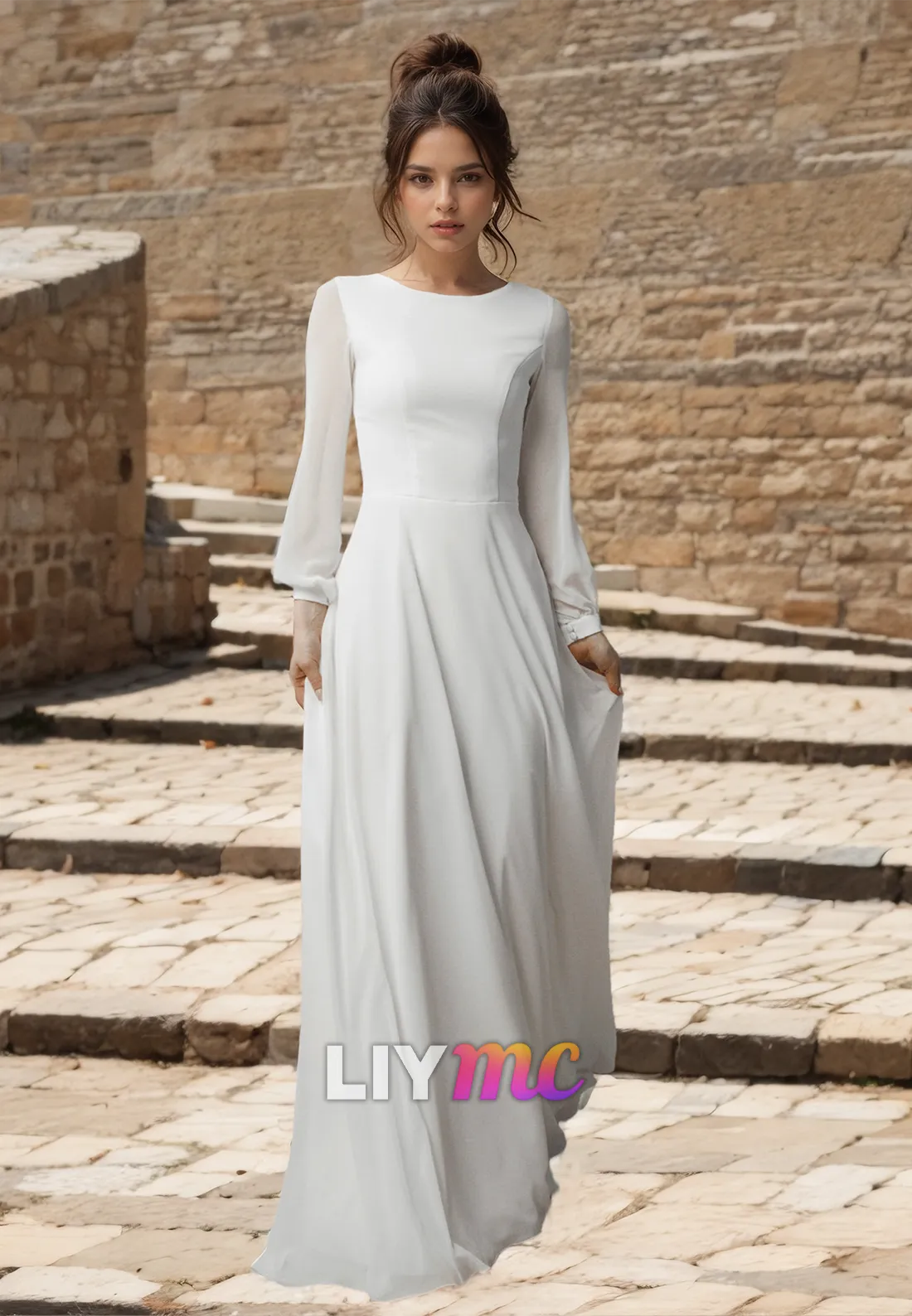 Bateau Long Sleeves Pleated Sleek A-Line Wedding Dress