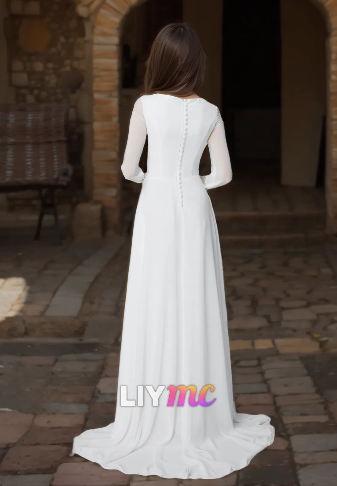 Bateau Long Sleeves Pleated Sleek A-Line Wedding Dress