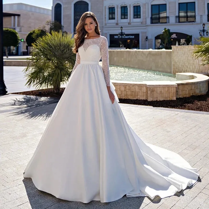 Beaded Ball Gown Long Sleeves Satin Wedding Dress