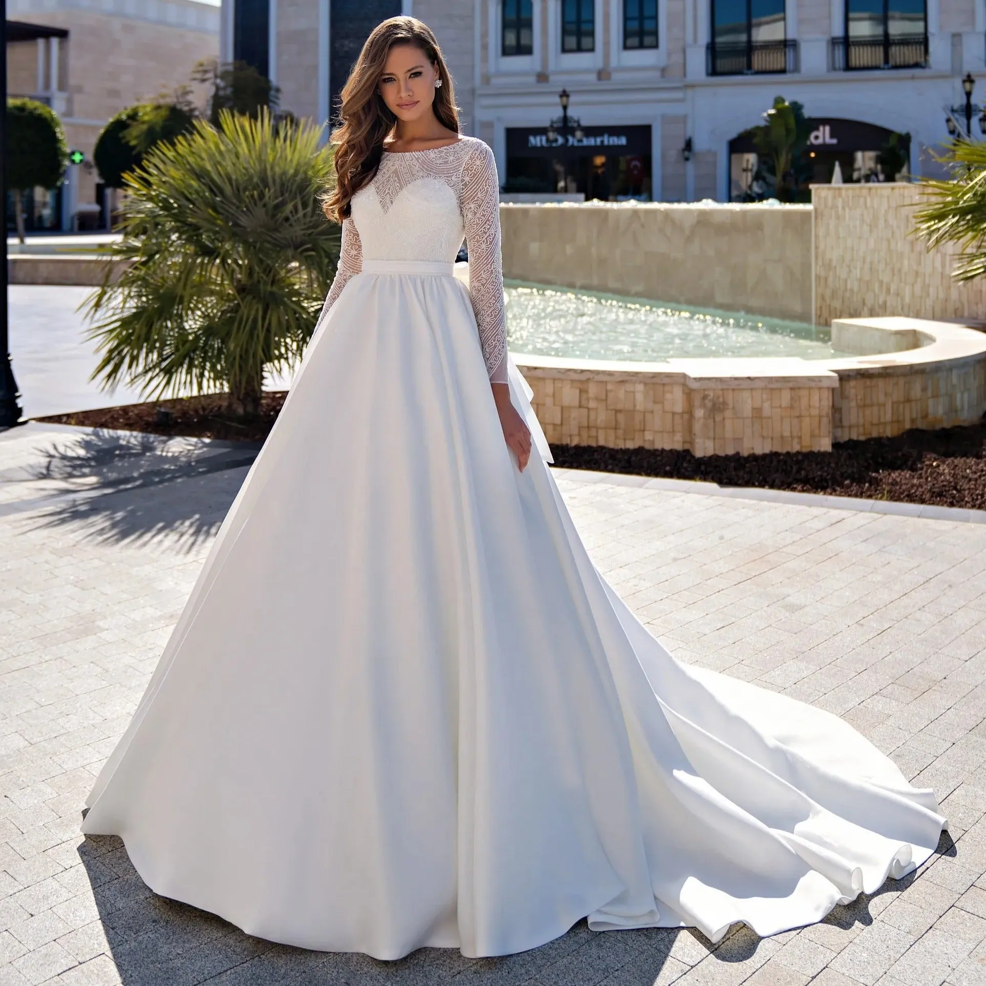 Beaded Ball Gown Long Sleeves Satin Wedding Dress