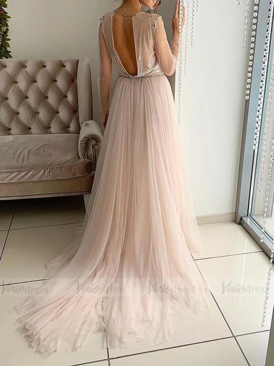 Beaded Blush Pink Beach Wedding Dresses with Long Sleeves VW1345