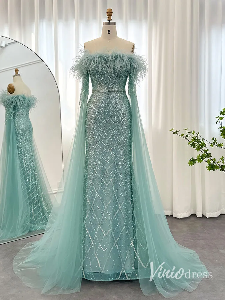 Beaded Mermaid Evening Dresses Extra Long Sleeve Pageant Dress AD1160