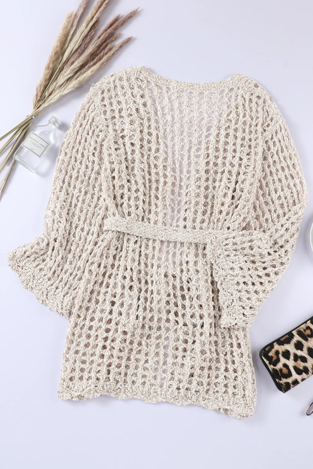 Beige Knit Crochet Open Front Beach Cover Up