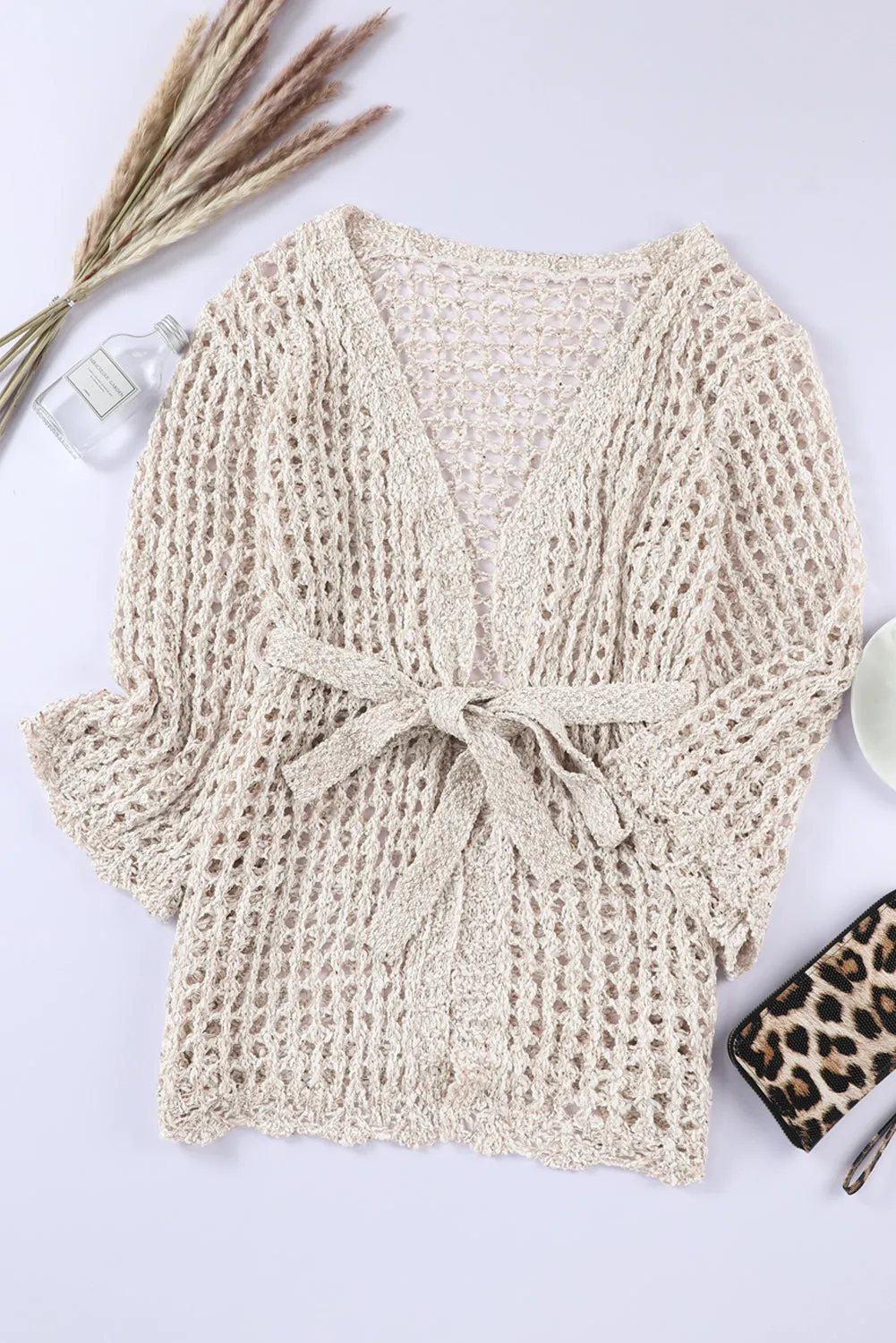 Beige Knit Crochet Open Front Beach Cover Up