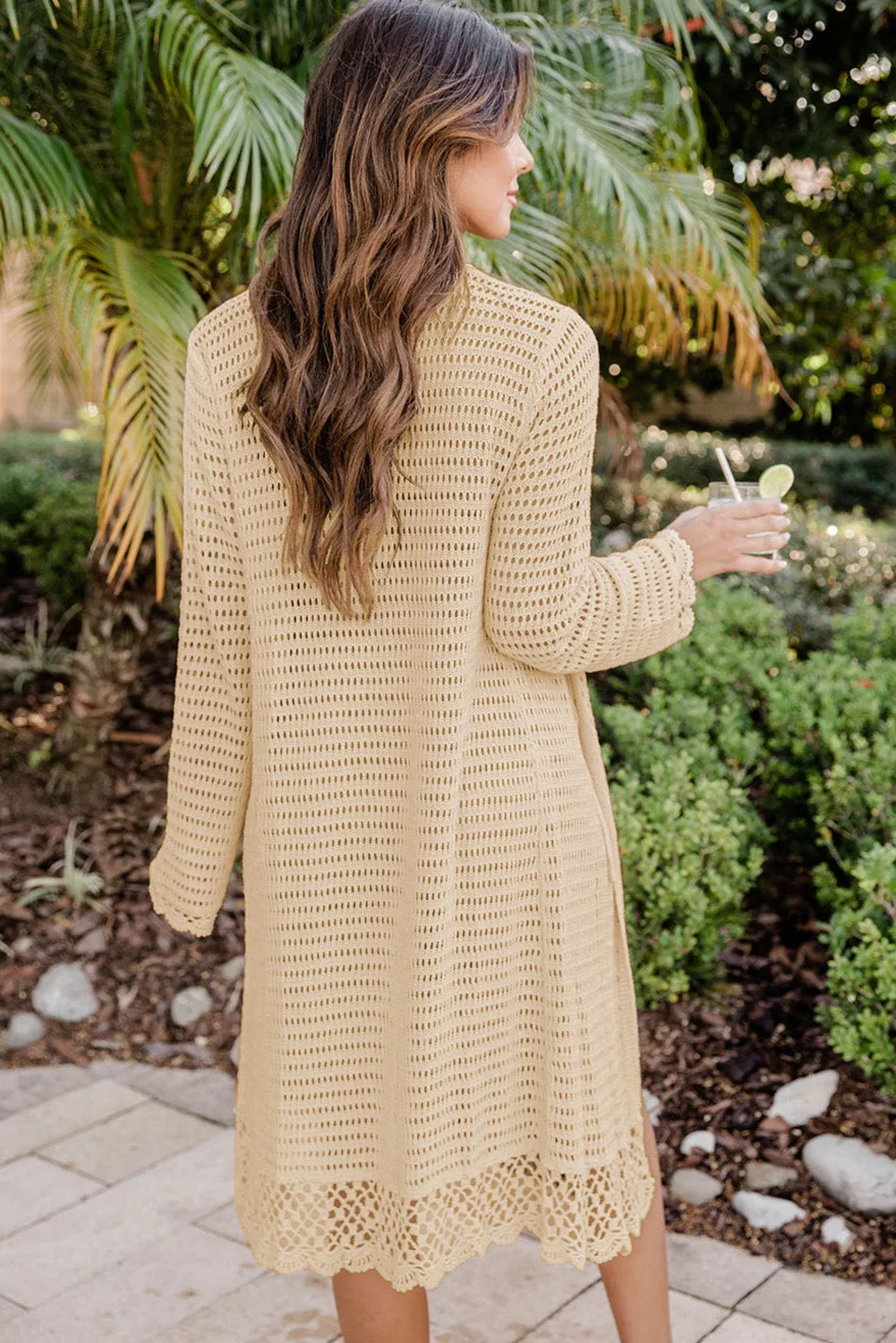 Beige Long Sleeve Fishnet Knit Beach Coverup