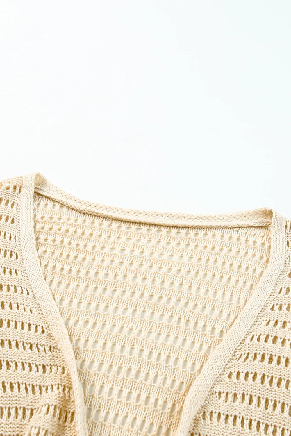 Beige Long Sleeve Fishnet Knit Beach Coverup