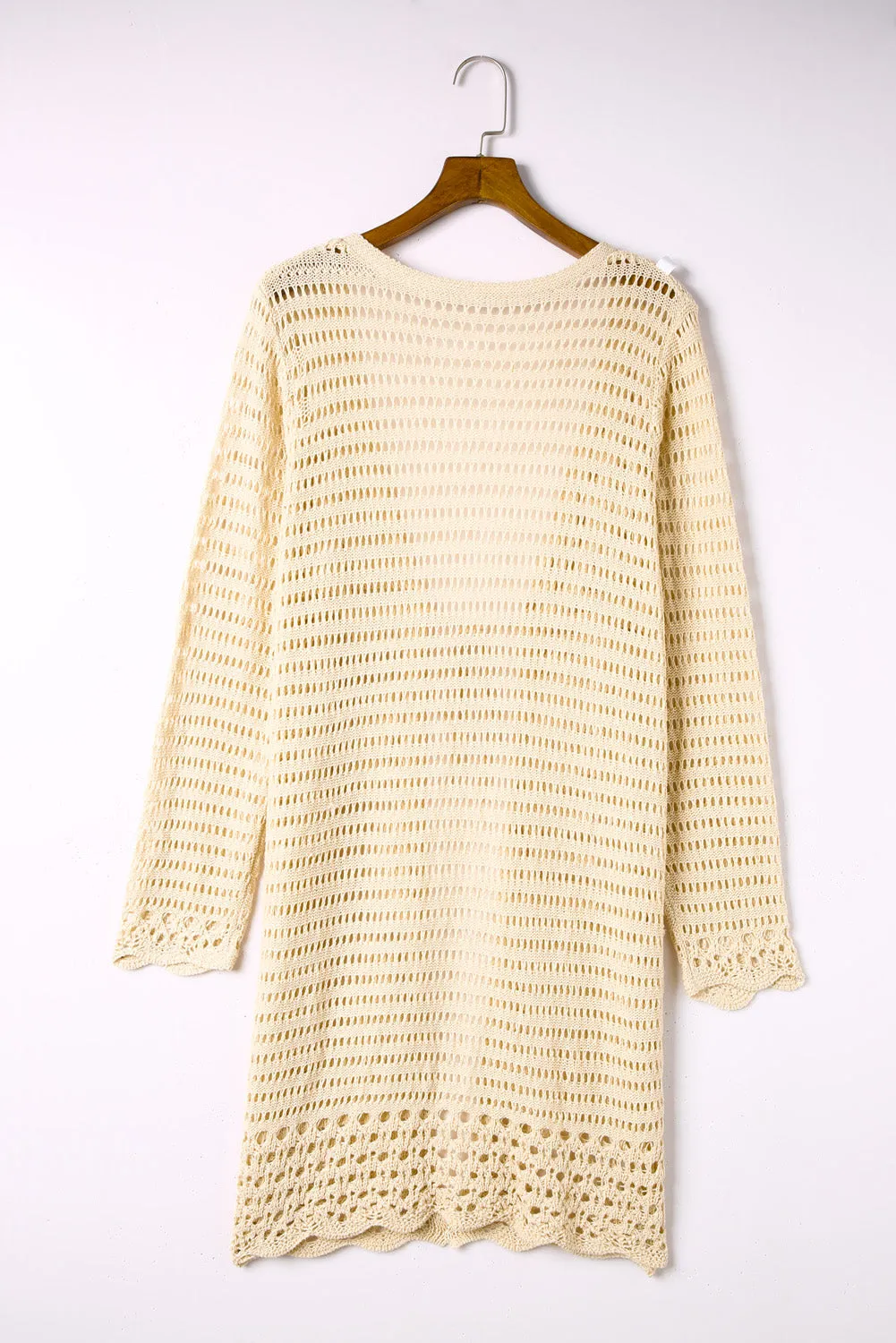 Beige Long Sleeve Fishnet Knit Beach Coverup