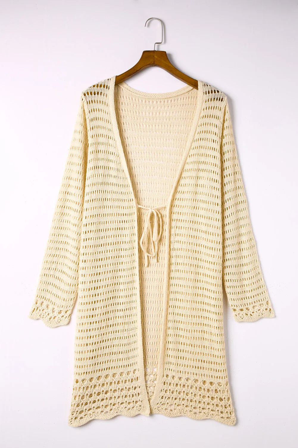 Beige Long Sleeve Fishnet Knit Beach Coverup