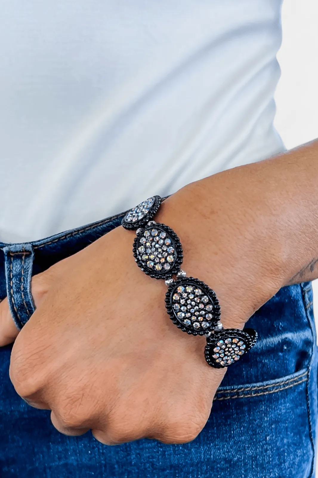 Black AB Oval Rhinestone Stretch Bracelet