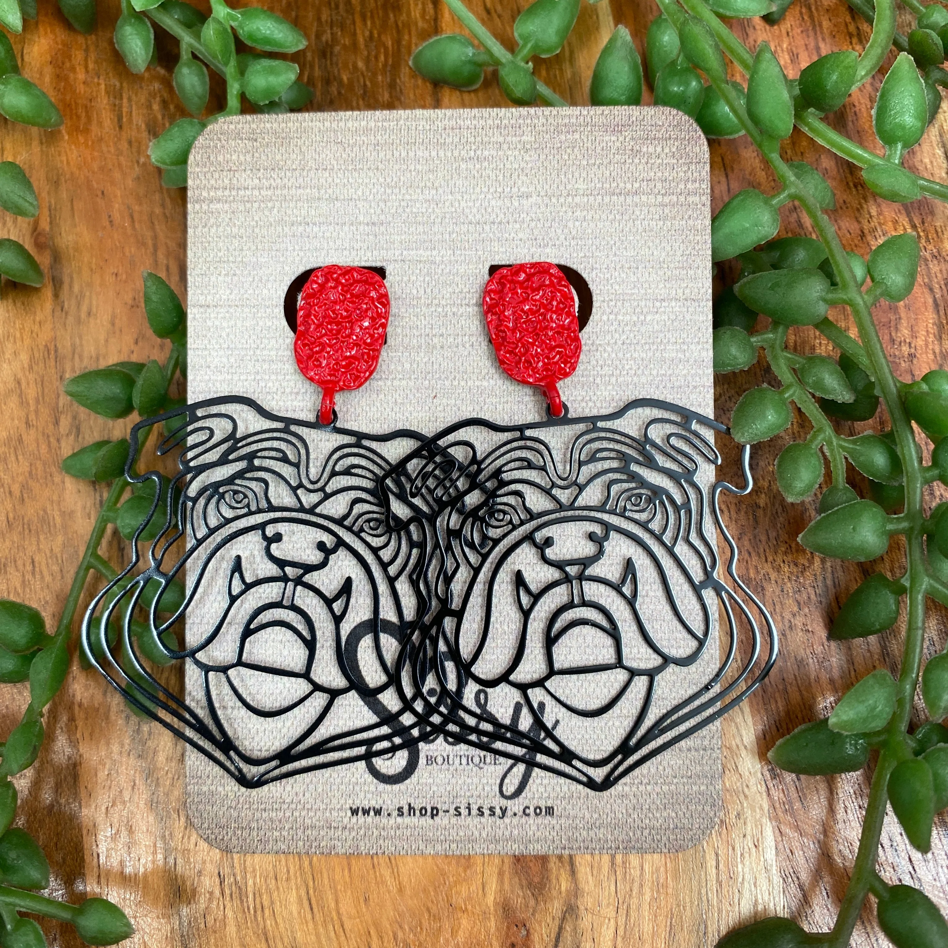 BLACK AND RED BULLDOG EARRINGS